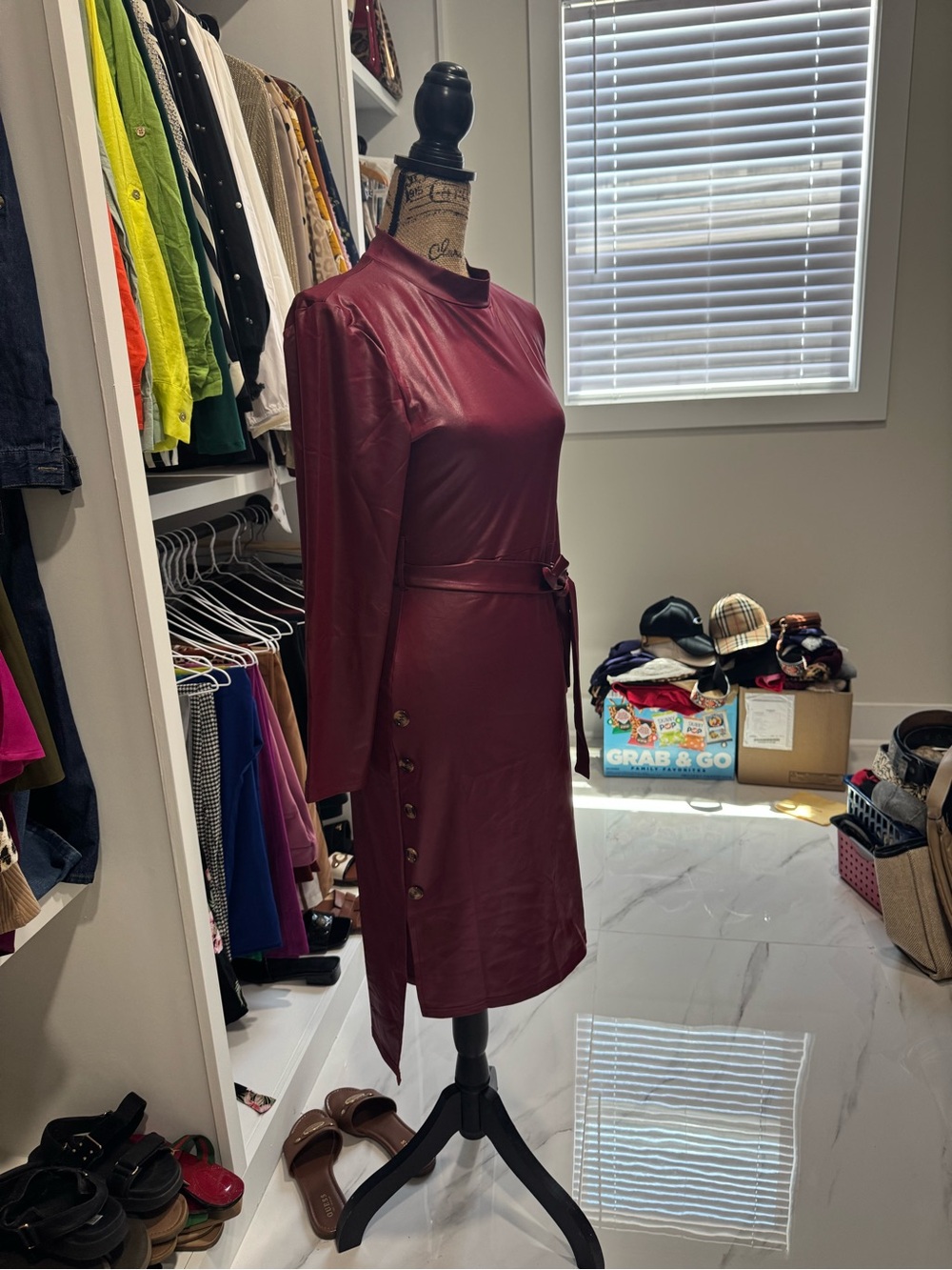 Long Sleeve Burgundy Faux Leather Midi Dress with Side Button Detail